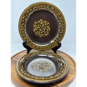 Vintage Dark Brown Gold Medallion Pattern Charger Plates Set of 5  Decorative